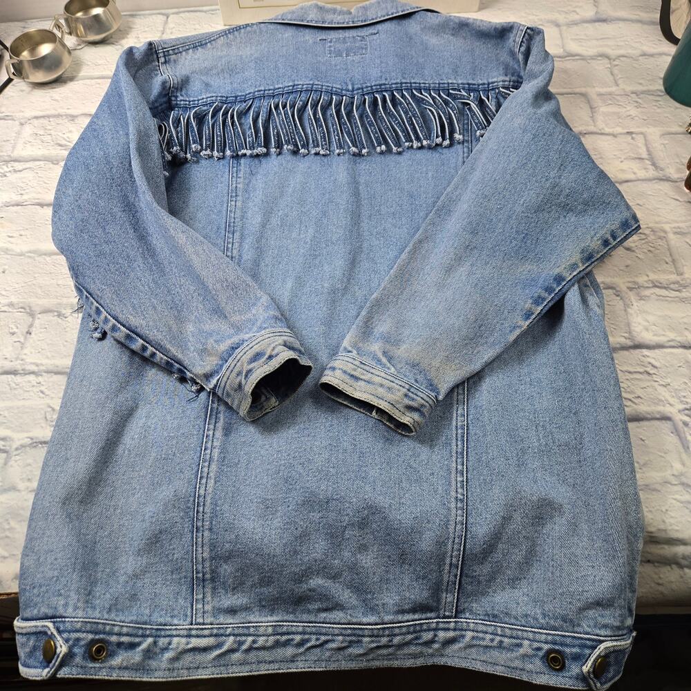 Vintage Learsi 90's Denim Jacket Fringe Yoke Arms 100% Cotton Faded size Small - Picture 12 of 15